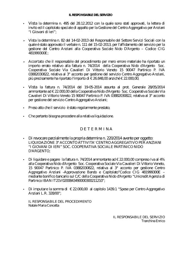 Revoca parziale determina n. 220/2014 – Soc. Cooperativa Sociale Partinico Nido D’Argento