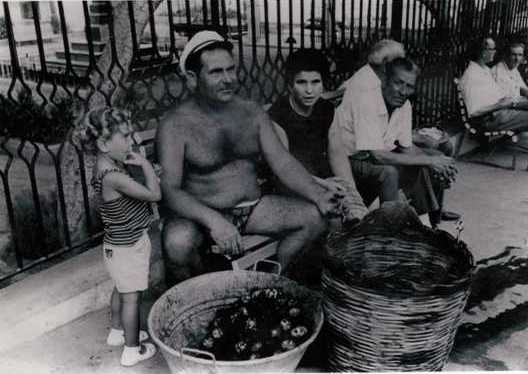 Salvatore Russo (tuturi) vende ricci nella piazza di Ustica